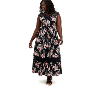 Torrid Women's Black Floral Gauze Lace Trim V Neck Maxi Dress With Pockets